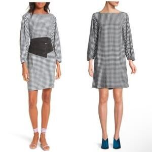 Tibi gingham long sleeve shift dress with corset belt